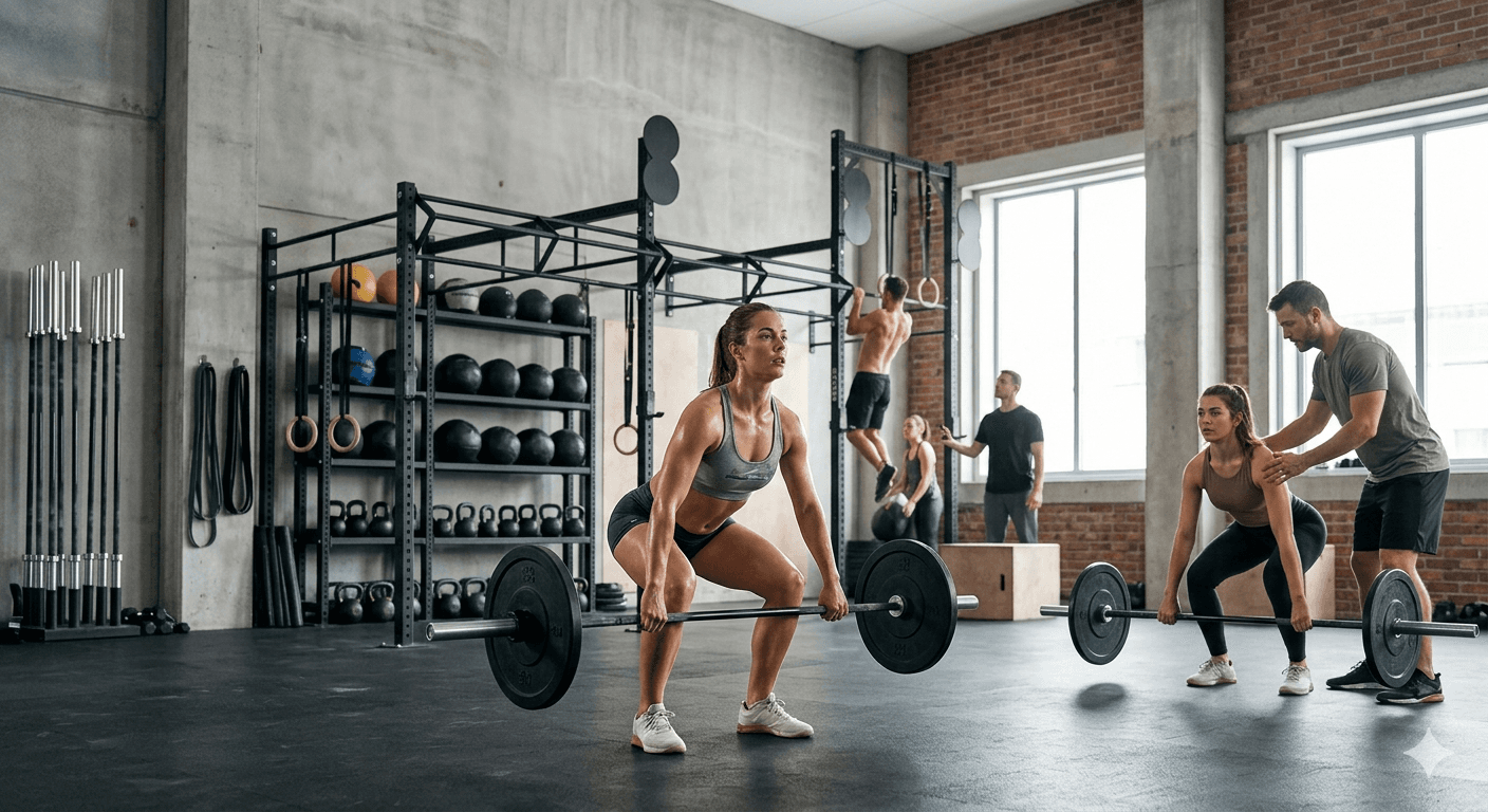 CrossFit athletes training with barbells in a gym